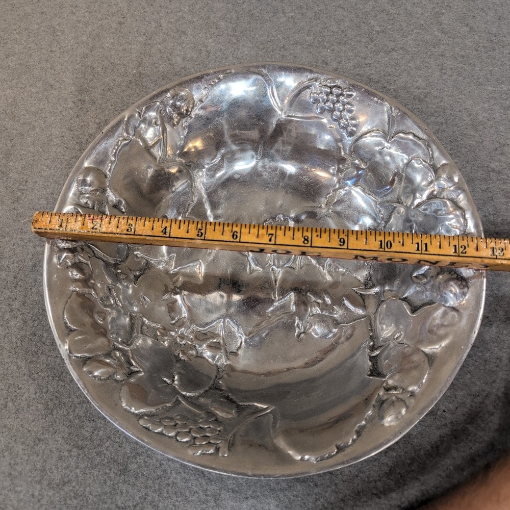 Vintage Mexican Pewter Serving Bowl Embossed Fruit Grapes Silver Tone Round - Picture 3 of 7